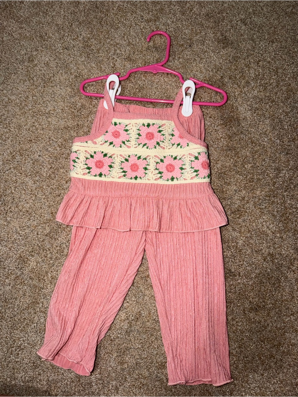 SHEIN Pink Floral Smocked Tank & Ruffle Pants Set